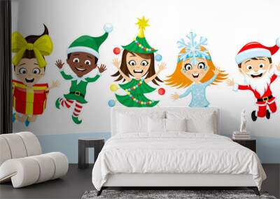 Happy kids in Christmas costumes on white background. Wall mural