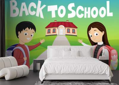 Illustration with schoolchildren walking on the way to school. Wall mural