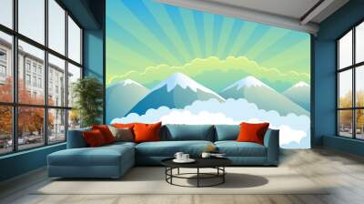 Landscape with mountains and clouds on a sunrise background. Wall mural