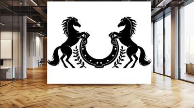 Two horses and horseshoe icon on white background. Wall mural