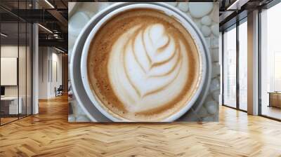 cup of coffee with cream on wooden background Wall mural