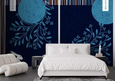 vector set with two blue cards with hare, floral design and place for text Wall mural