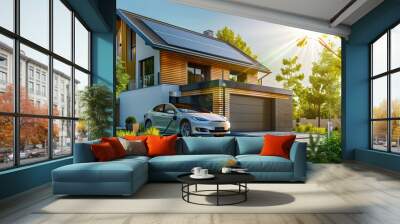 A beautiful ecofriendly house with solar panels, an electric car charging station, lush landscaping, promoting sustainable living and energy efficiency Wall mural