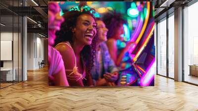 A group of delighted women engaged and having fun at colorful casino slot machines during a night out. Wall mural