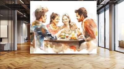 A joyful gathering of friends celebrating their bond with food and laughter, capturing the essence of friendship Wall mural