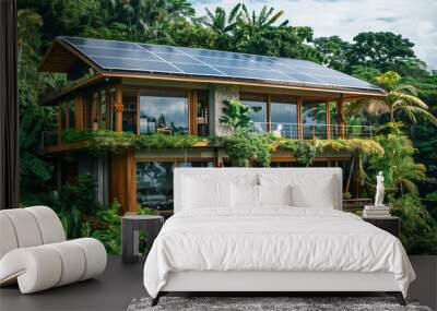 A stunning ecofriendly home nestled in a vibrant tropical forest, complete with solar panels and lush vegetation for a sustainable living experience Wall mural