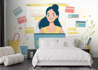 Cheerful young woman shopping online with credit card illustrations. Wall mural