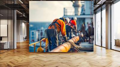 Crew ensures smooth operation of vessel doing task on deck. Members of team meticulously inspects machinery and pipelines. Operational integrity Wall mural