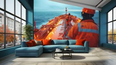 Crew on gas tanker monitors transportation safety protocols. Man ensure safe and efficient movement of liquefied gas between storage tanks, close up Wall mural