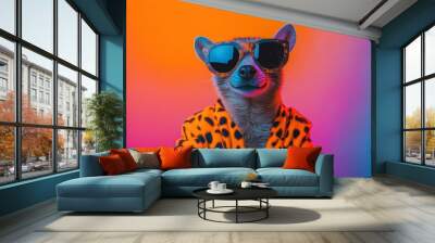 Raccoon is posing on a colorful background, wearing a leopard print bathrobe and sunglasses Wall mural