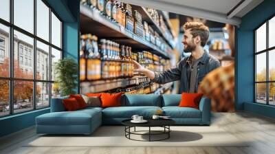 Smiling man is choosing a bottle of beer from the shelf, shopping for alcohol in a supermarket Wall mural