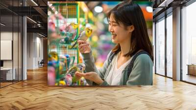 Smiling young woman choosing a bird to buy, holding a budgie parrot on her finger in a pet shop, with many colorful parrots in cages Wall mural