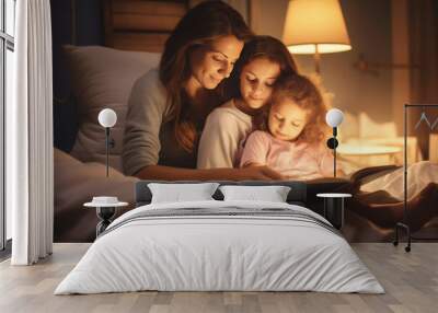 Tired mother reads bedtime story to daughters on bed. Sister girls listen enthusiastically to bedtime story read by beloved mother in bedroom Wall mural