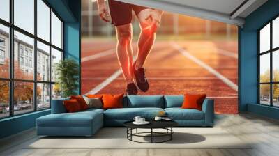 Under the setting sunlight on a track, a young athlete is seen clutching their knee in pain, highlighting the injury and discomfort they are experiencing Wall mural