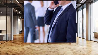 Portrait of young businessman using mobile in office with Wall mural