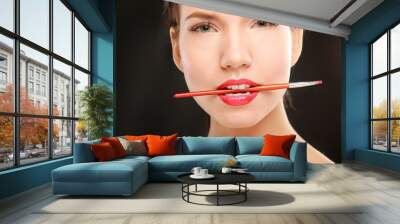 woman's lips holding make up brush Wall mural