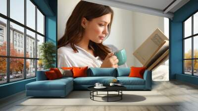 Young woman at home sitting near window relaxing in her living room reading book and drinking coffee or tea Wall mural