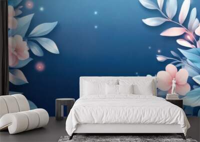 Beautiful floral arrangement with pink flowers and green leaves on a deep blue background. Wall mural