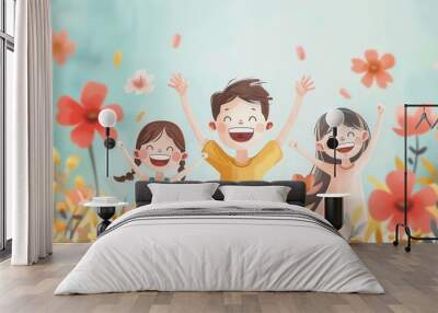 Joyful children celebrating in a colorful flower field, capturing the essence of happiness and childhood innocence. Wall mural