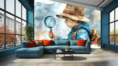 Watercolor illustration of a child explorer with a magnifying glass. Wall mural