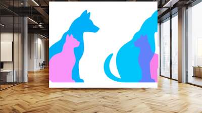 Silhouette of cat and dog on a white background Wall mural