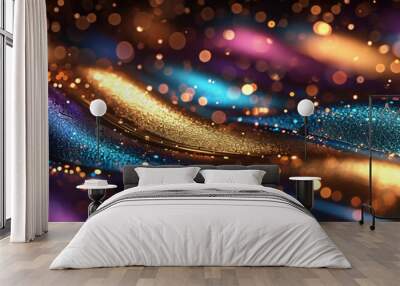 Glitter Colorful Golden Wave Stripes Design. Shiny moving lines design element with bokeh effect background Wall mural