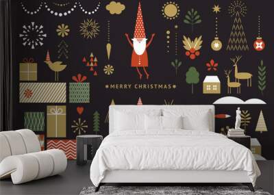 Set of graphic elements for Christmas cards. Gnome, deer, Christmas Trees, snowflakes, stylized gift boxes. Black background.	 Wall mural