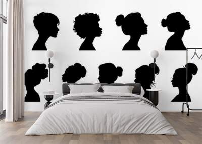 Black silhouette of woman big set, side view, face and neck only. Female silhouette. Women's equality day. International Women's Day. Set of vector womens silhouettes isolated on white background. Wall mural