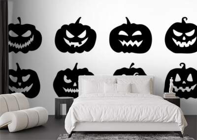 Set funny and scary pumpkins with faces, isolated on white background. Vector illustration, traditional Halloween decorative elements. Halloween silhouettes black pumpkin character - for design decor. Wall mural