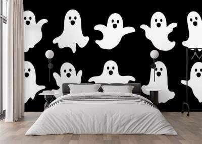 Set scary and funny ghosts with faces, isolated on black background. Vector illustration, traditional Halloween decorative elements. Halloween silhouettes white ghost character - for design decor. Wall mural