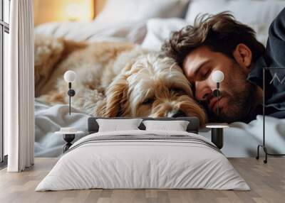 Young man and dog sleeping together in white bed at home, Generative AI Wall mural