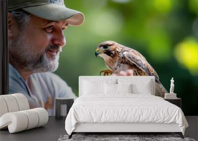 A bearded man wearing a cap and casual attire holds a falcon on his hand, surrounded by lush greenery, showcasing wildlife bonding in a sunny outdoor scene. Wall mural