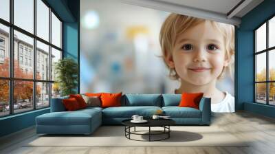 A blond child, dressed in a white shirt, is captured with a gentle smile on their face, set against a softly blurred indoor background offering a serene ambiance. Wall mural