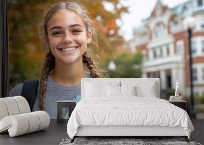 A cheerful young student with braided hair stands on campus holding books, reflecting enthusiasm for learning and the vibrant, lively atmosphere of student life. Wall mural