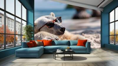 A cool polar bear is seen basking in the sun with sunglasses on a sunny tropical beach, combining the unexpected elements of arctic wildlife in a relaxing vacation setting. Wall mural