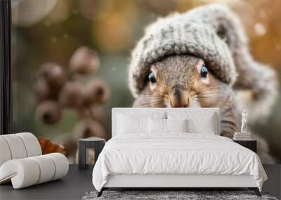 A cute squirrel wears a cozy knit hat and holds a walnut with both paws, against a blurred, warm-toned autumn background, showcasing the charm of wildlife in season. Wall mural