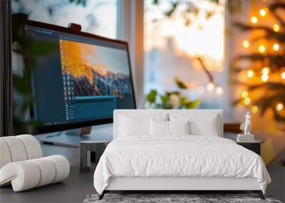 A desktop monitor displaying graphic design work sits on a desk surrounded by plants, glowing softly in the warm light of the golden hour, creating a cozy space. Wall mural