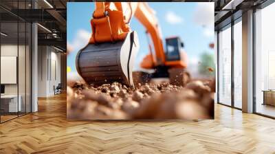 A large-scale excavator vigorously displaces rocks and dirt against a backdrop of vast skies, signifying industriousness and effort in construction environments. Wall mural