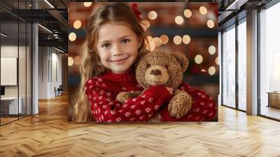 A little girl with soft brown hair holds her teddy bear in front of a beautifully decorated Christmas tree adorned with warm, glowing festive lights. Wall mural