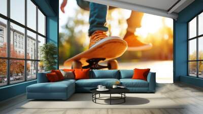 A lively skateboarder skillfully maneuvers over a sunlit path, capturing the thrill and spontaneity of street sports against a warm, glowing evening backdrop. Wall mural