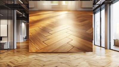 A sunlit herringbone parquet floor imbues the room with a touch of elegance, as the natural light creates a warm and cozy environment, emphasizing intricate design. Wall mural