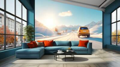 A vehicle travels down a snow-covered road, surrounded by a stunning snowy landscape and under bright blue sky, representing the spirit of adventure and exploration. Wall mural