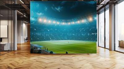 An expansive soccer stadium filled with fans, vibrant lights, and a clear night sky Wall mural