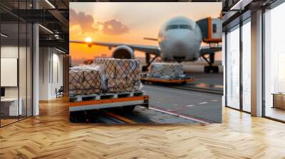 An image showing loaded carts at an airport with cargo, ready to be shipped via air freight, emphasizing the importance of transportation and logistics in global trade. Wall mural