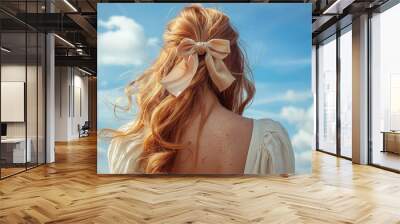 Blonde hair adorned with a big cream bow set against a clear blue sky creates a captivating and serene image reflecting elegance, simplicity, and natural beauty. Wall mural