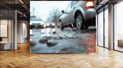 Cars drive through large puddles on a street during rainy weather, causing dramatic splashes. The scene captures the essence of a wet and moody urban environment. Wall mural