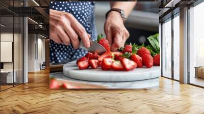 Hands of an individual are shown slicing fresh strawberries on a wooden cutting board in a kitchen setting, preparing fruits for a meal or snack with a knife. Wall mural