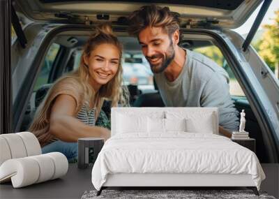 Happy young couple packing cardboard boxes into the back of their car, possibly moving or traveling Wall mural