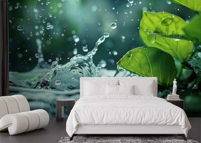 This image beautifully captures the dynamic moment of water droplets splashing onto a vibrant green leaf, showcasing nature's raw and refreshing beauty in high detail. Wall mural