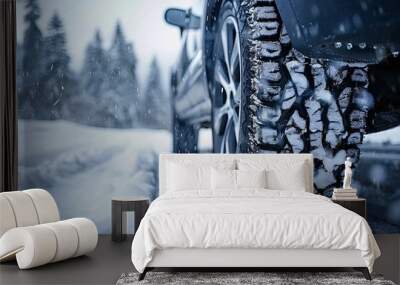 This image captures the detailed texture of a snow tire's tread filled with snow on a frosty road, with snowflakes and trees in the background Wall mural